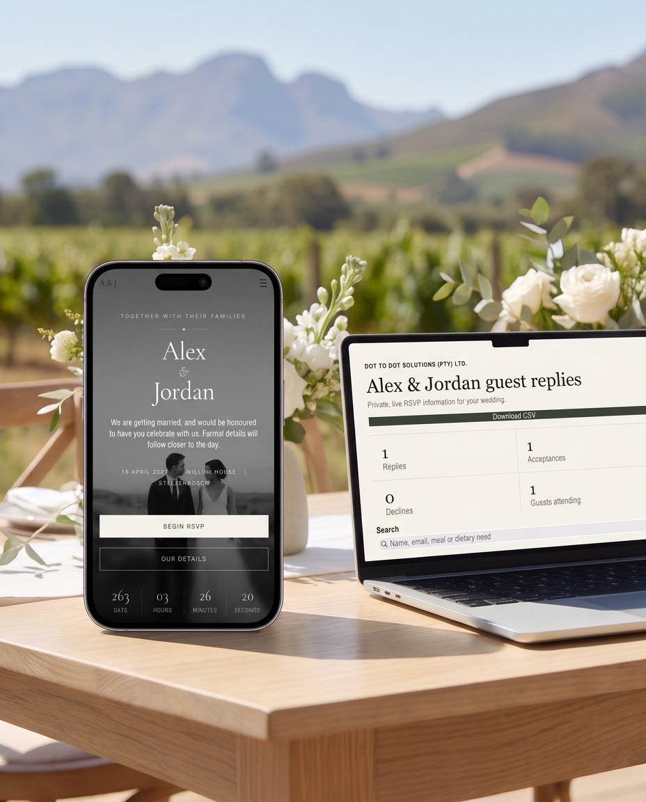 Dot To Dot wedding website and private online RSVP dashboard